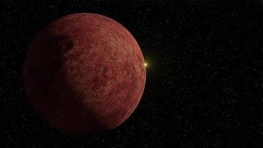 太阳升起在旋转的红色火星行星在<strong>空间</strong>。太阳出现了